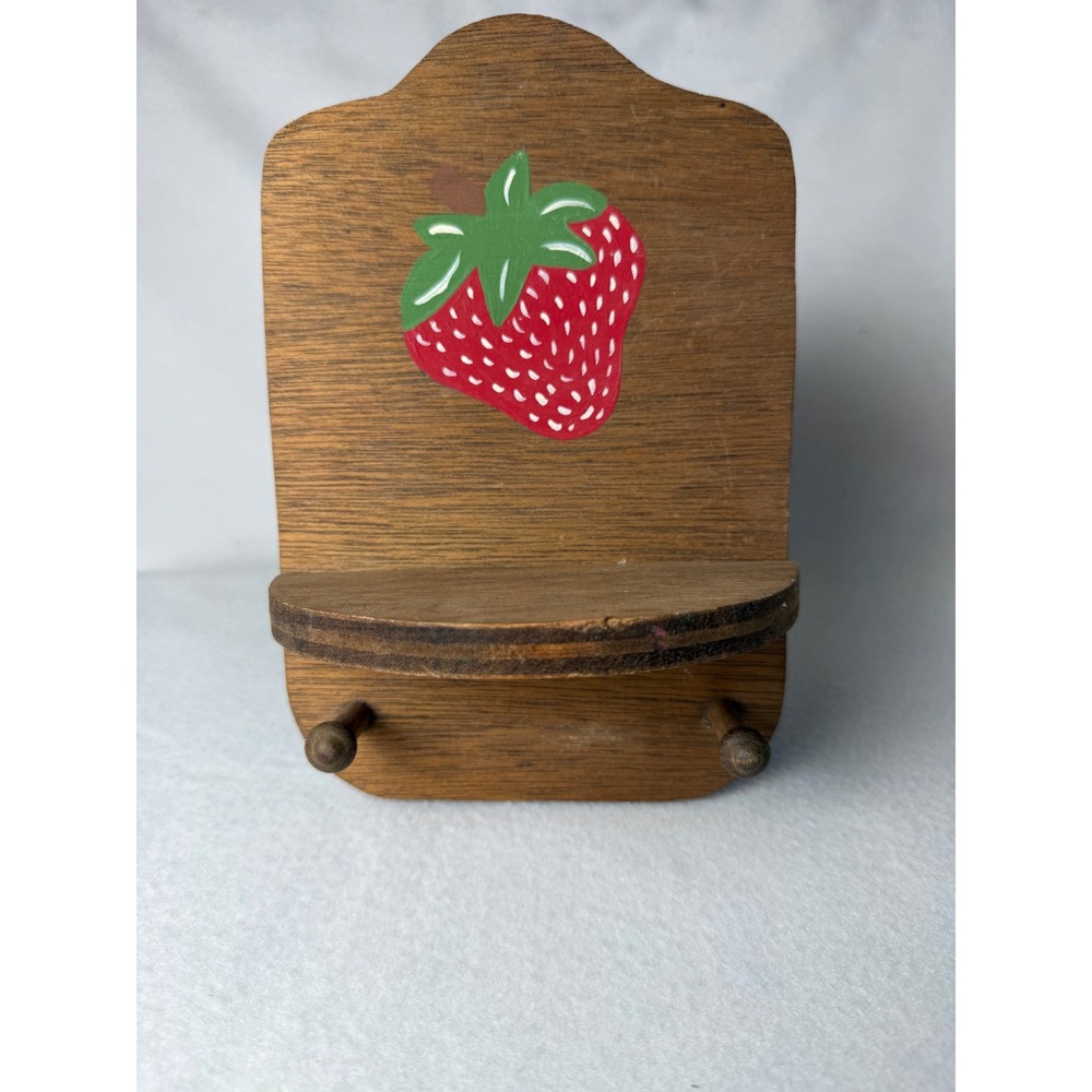 Strawberry Wooden Wall Shelf 2 Peg Hooks Cottagecore Farmhouse Kitchen Decor